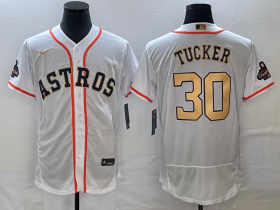 Wholesale Cheap Men\'s Houston Astros #30 Kyle Tucker 2023 White Gold World Serise Champions Patch Flex Base Stitched Jersey