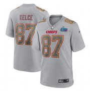 Wholesale Cheap Men's Kansas City Chiefs #87 Travis Kelce Gray Super Bowl LVII Patch Atmosphere Fashion Stitched Game Jersey