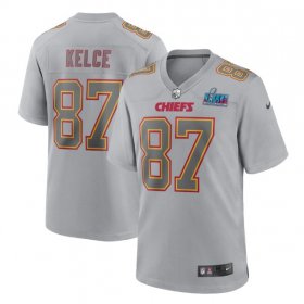 Wholesale Cheap Men\'s Kansas City Chiefs #87 Travis Kelce Gray Super Bowl LVII Patch Atmosphere Fashion Stitched Game Jersey