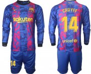 Wholesale Cheap Men 2021-2022 Club Barcelona Second away blue Long Sleeve 14 Soccer Jersey
