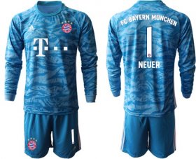 Wholesale Cheap Bayern Munchen #1 Neuer Light Blue Goalkeeper Long Sleeves Soccer Club Jersey