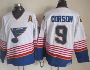 Wholesale Cheap Blues #9 Shayne Corson White/Light Blue CCM Throwback Stitched NHL Jersey