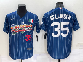 Wholesale Cheap Men\'s Los Angeles Dodgers #35 Cody Bellinger Number Rainbow Blue Red Pinstripe Mexico Cool Base Nike Jersey