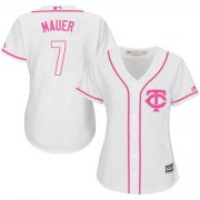 Wholesale Cheap Twins #7 Joe Mauer White/Pink Fashion Women's Stitched MLB Jersey