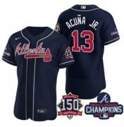 Wholesale Cheap Men's Navy Atlanta Braves #13 Ronald Acuna Jr. 2021 World Series Champions With 150th Anniversary Flex Base Stitched Jersey