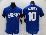 Wholesale Cheap Men's Los Angeles Dodgers #10 Justin Turner Blue 2021 City Connect Flex Base Stitched Jersey