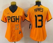 Wholesale Cheap Women's Pittsburgh Pirates #13 KeBryan Hayes Number Yellow 2023 City Connect Stitched Jersey