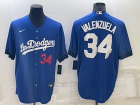 Wholesale Cheap Men\'s Los Angeles Dodgers #34 Fernando Valenzuela Number Blue 2021 City Connect Cool Base Stitched Jersey