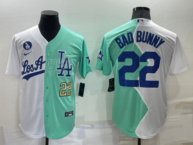 Wholesale Men\'s Los Angeles Dodgers #22 Bad Bunny White Green Number 2022 Celebrity Softball Game Cool Base Jerseys