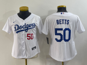 Wholesale Cheap Women's Los Angeles Dodgers #50 Mookie Betts White With Red Stitched MLB Cool Base Nike Jersey