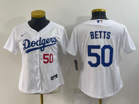 Wholesale Cheap Women\'s Los Angeles Dodgers #50 Mookie Betts White With Red Stitched MLB Cool Base Nike Jersey