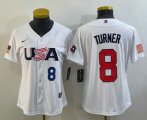 Cheap Womens USA Baseball #8 Trea Turner Number 2023 White World Classic Stitched Jersey