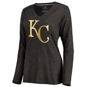Wholesale Cheap Women\'s Kansas City Royals Gold Collection Long Sleeve V-Neck Tri-Blend T-Shirt Black