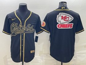 Wholesale Cheap Men\'s Kansas City Chiefs Black Gold Team Big Logo With Patch Cool Base Stitched Baseball Jersey