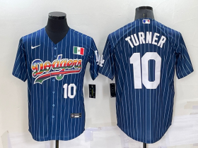 Wholesale Cheap Men\'s Los Angeles Dodgers #10 Justin Turner Number Rainbow Blue Red Pinstripe Mexico Cool Base Nike Jersey