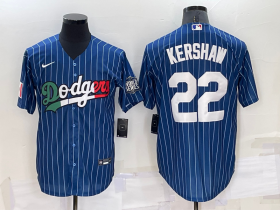Wholesale Cheap Men\'s Los Angeles Dodgers #22 Clayton Kershaw Navy Blue Pinstripe 2020 World Series Cool Base Nike Jersey