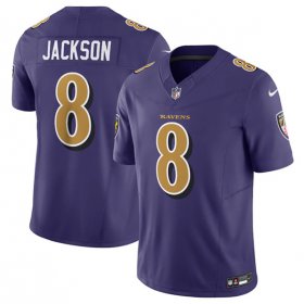 Wholesale Cheap Men\'s Baltimore Ravens #8 Lamar Jackson Purple 2023 F.U.S.E Coloe Rush Jersey