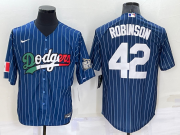 Wholesale Cheap Men's Los Angeles Dodgers #42 Jackie Robinson Navy Blue Pinstripe 2020 World Series Cool Base Nike Jersey
