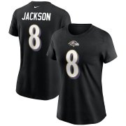 Wholesale Cheap Baltimore Ravens #8 Lamar Jackson Nike Women's Team Player Name & Number T-Shirt Black