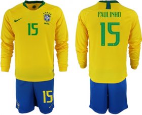 Wholesale Cheap Brazil #15 Paulinho Home Long Sleeves Soccer Country Jersey