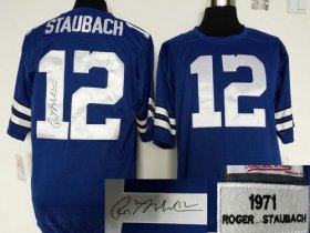 Wholesale Cheap Mitchell And Ness Autographed Cowboys #12 Roger Staubach Blue Throwback Stitched NFL Jersey