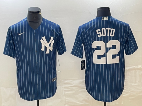 Cheap Men\'s New York Yankees #22 Juan Soto Blue Pinstripe Cool Base Stitched Baseball Jerseys