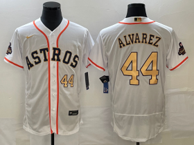 Wholesale Cheap Men\'s Houston Astros #44 Yordan Alvarez Number 2023 White Gold World Serise Champions Patch Flex Base Stitched Jersey1