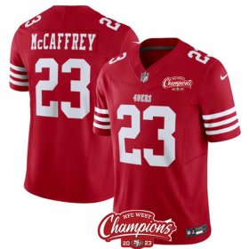 Cheap Men\'s San Francisco 49ers #23 Christian McCaffrey Red 2023 F.U.S.E. NFC West Champions Patch Football Stitched Jersey