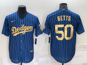 Wholesale Men\'s Los Angeles Dodgers #50 Mookie Betts Navy Blue Gold Pinstripe Stitched MLB Cool Base Nike Jersey