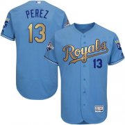 Wholesale Cheap Royals #13 Salvador Perez Light Blue FlexBase Authentic 2015 World Series Champions Gold Program Stitched MLB Jersey