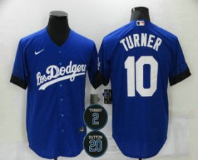 Wholesale Cheap Men\'s Los Angeles Dodgers #10 Justin Turner Blue #2 #20 Patch City Connect Cool Base Stitched Jersey