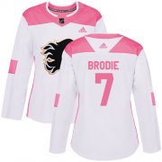 Wholesale Cheap Adidas Flames #7 TJ Brodie White/Pink Authentic Fashion Women's Stitched NHL Jersey