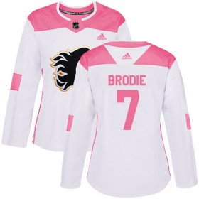Wholesale Cheap Adidas Flames #7 TJ Brodie White/Pink Authentic Fashion Women\'s Stitched NHL Jersey