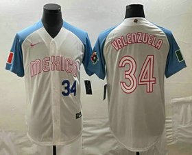 Cheap Men\'s Mexico Baseball #34 Fernando Valenzuela Number 2023 White Blue World Classic Stitched Jerseys