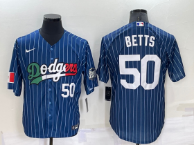 Wholesale Cheap Men\'s Los Angeles Dodgers #50 Mookie Betts Number Navy Blue Pinstripe 2020 World Series Cool Base Nike Jersey