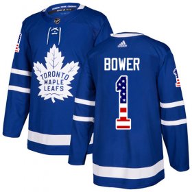 Wholesale Cheap Adidas Maple Leafs #1 Johnny Bower Blue Home Authentic USA Flag Stitched NHL Jersey