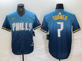 Cheap Men\'s Philadelphia Phillies #7 Trea Turner Blue 2024 City Connect Limited Stitched Jersey