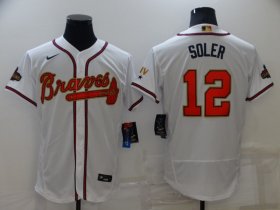 Wholesale Cheap Men\'s Atlanta Braves #12 Jorge Soler 2022 White Gold World Series Champions Program Flex Base Stitched Baseball Jersey