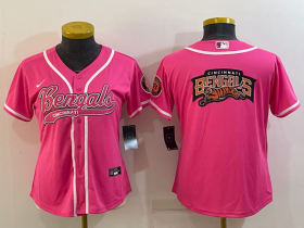 Wholesale Cheap Women\'s Cincinnati Bengals Pink Team Big Logo With Patch Cool Base Stitched Baseball Jersey