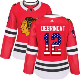 Wholesale Cheap Adidas Blackhawks #12 Alex DeBrincat Red Home Authentic USA Flag Women\'s Stitched NHL Jersey