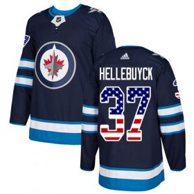 Wholesale Cheap Adidas Jets #37 Connor Hellebuyck Navy Blue Home Authentic USA Flag Stitched NHL Jersey