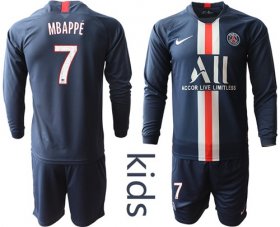 Wholesale Cheap Paris Saint-Germain #7 Mbappe Home Long Sleeves Kid Soccer Club Jersey