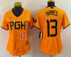 Wholesale Cheap Women\'s Pittsburgh Pirates #13 KeBryan Hayes Number Yellow 2023 City Connect Stitched Jersey2