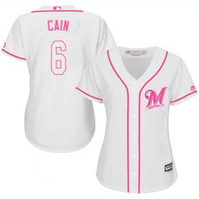 Wholesale Cheap Brewers #6 Lorenzo Cain White/Pink Fashion Women\'s Stitched MLB Jersey