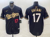 Cheap Mens Los Angeles Dodgers #17 Shohei Ohtani Number Black Gold Stitched Cool Base Nike Jersey