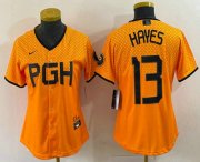 Wholesale Cheap Women's Pittsburgh Pirates #13 KeBryan Hayes Yellow 2023 City Connect Stitched Jersey