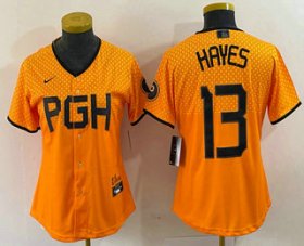 Wholesale Cheap Women\'s Pittsburgh Pirates #13 KeBryan Hayes Yellow 2023 City Connect Stitched Jersey