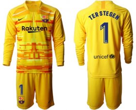 Wholesale Cheap Barcelona #1 Ter Stegen Yellow Goalkeeper Long Sleeves Soccer Club Jersey