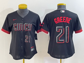 Wholesale Cheap Women\'s Cincinnati Reds #21 Hunter Greene Number Black 2023 City Connect Cool Base Stitched Jersey1