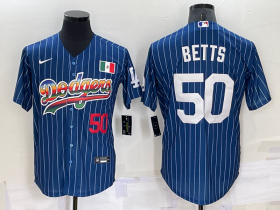 Wholesale Cheap Men\'s Los Angeles Dodgers #50 Mookie Betts Number Rainbow Blue Red Pinstripe Mexico Cool Base Nike Jersey